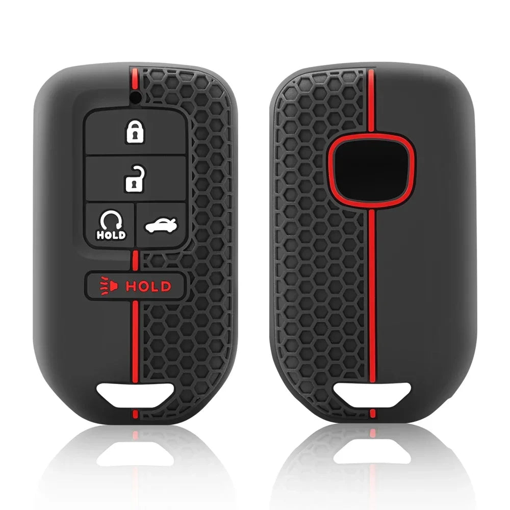 A pair of black silicone car key covers with red accents, showing different grip modes.