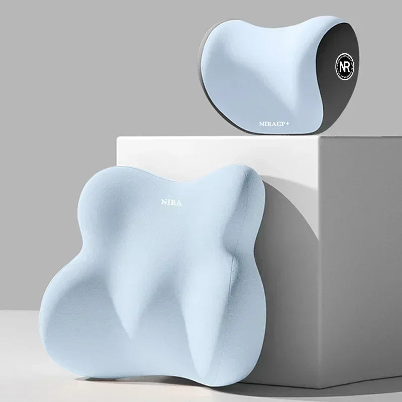 A light blue ergonomic memory foam pillow for car neck and lumbar support, shown in two forms.