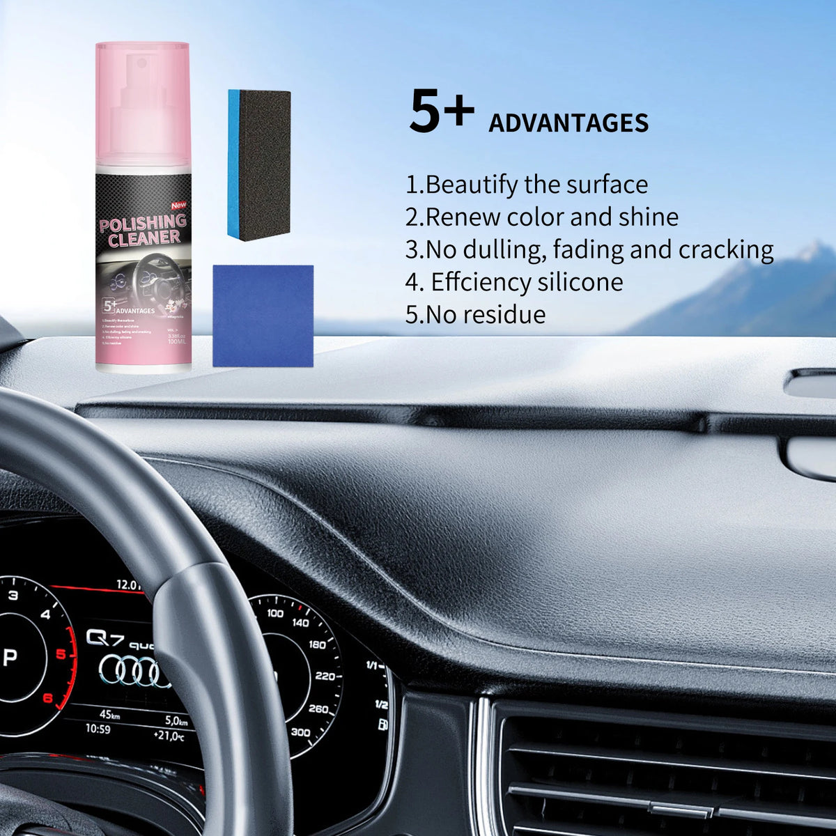 Eine Flasche All-in-One-Auto-Detail-Polierreiniger neben einem Auto-Innenraum, die 5 Vorteile hervorhebt.