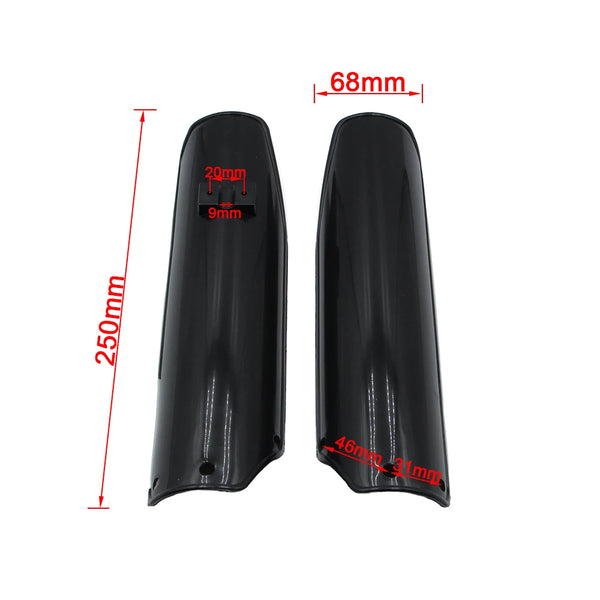 Black motorcycle front fork guard kit with dimensions 68mm and 250mm