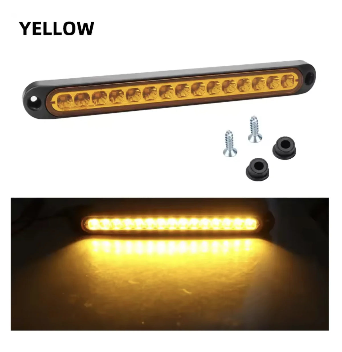 A yellow heavy duty truck and trailer light bar with multiple LED bulbs and mounting screws.