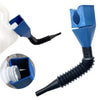 A blue and black car oil funnel tool is shown with its components and a flexible tube.