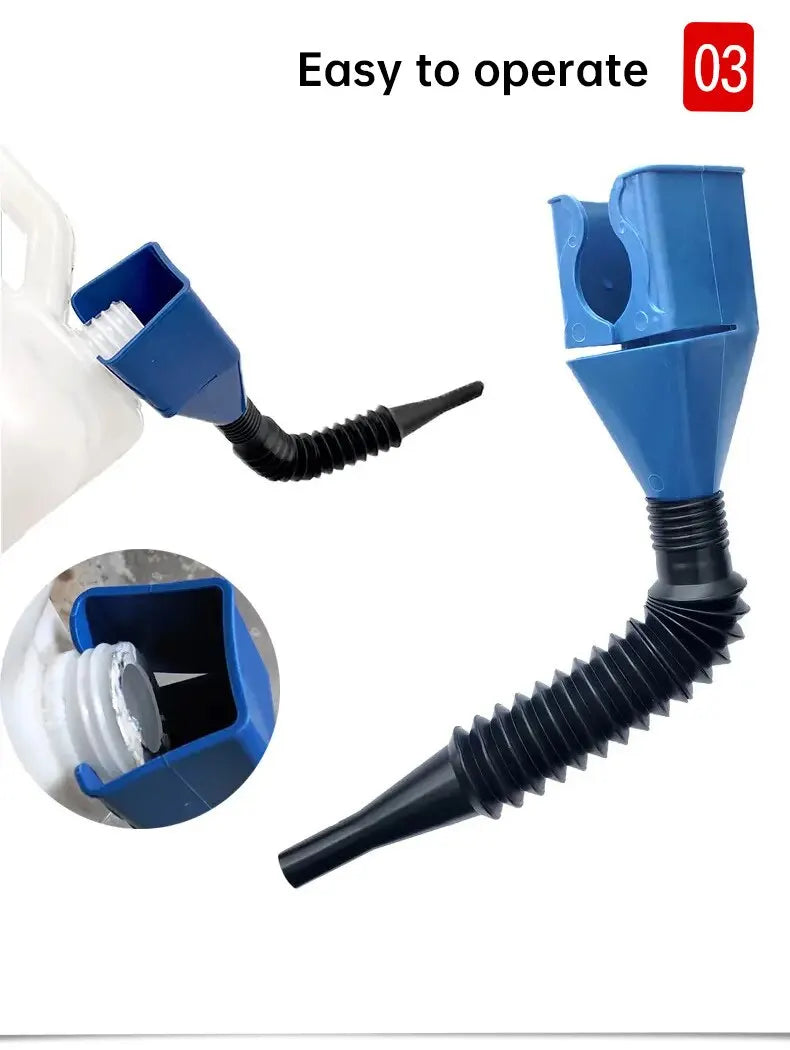 A blue and black car oil funnel tool is shown with its components and a flexible tube.