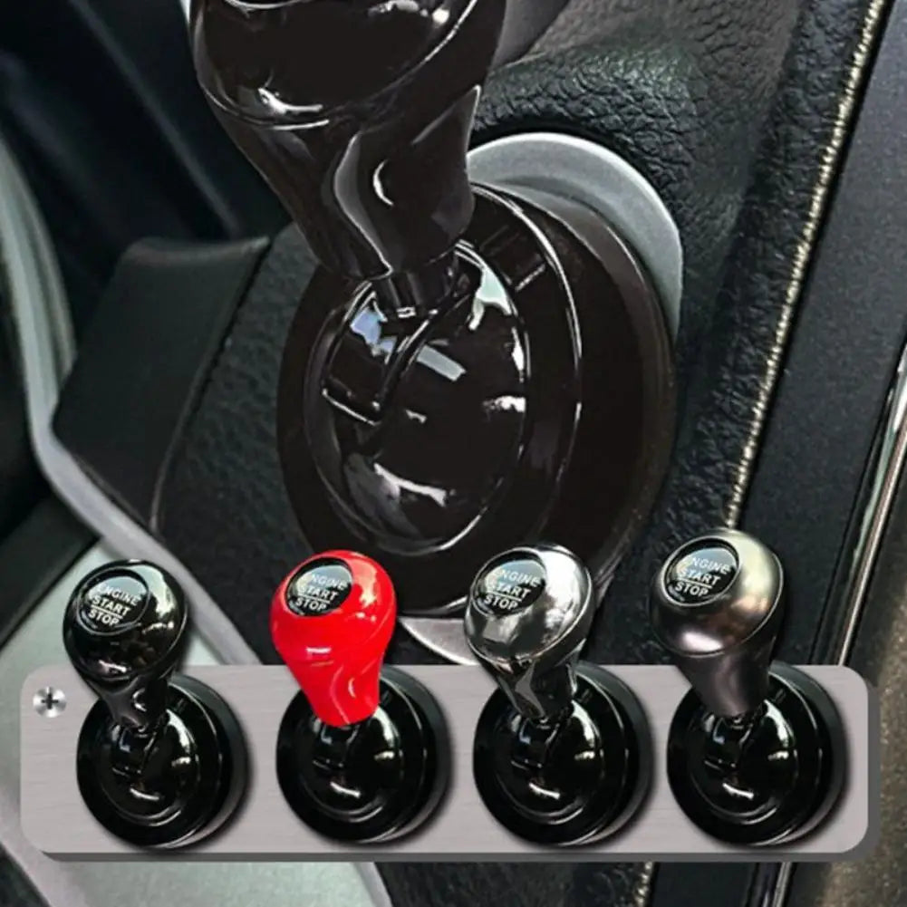 Close-up of a universal metal engine start lever decoration with various finishes shown in a car interior context.