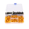 A clear plastic box containing a set of brass and black bolts and fasteners for motorcycle fairing installation.