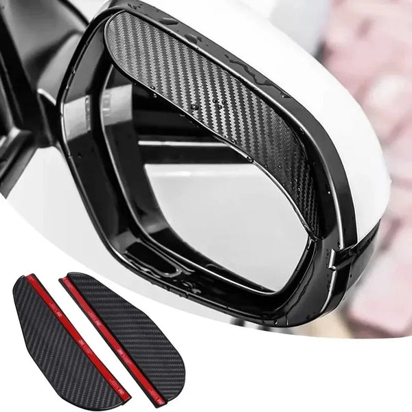 Black carbon fiber rain visor set designed for a rearview mirror.