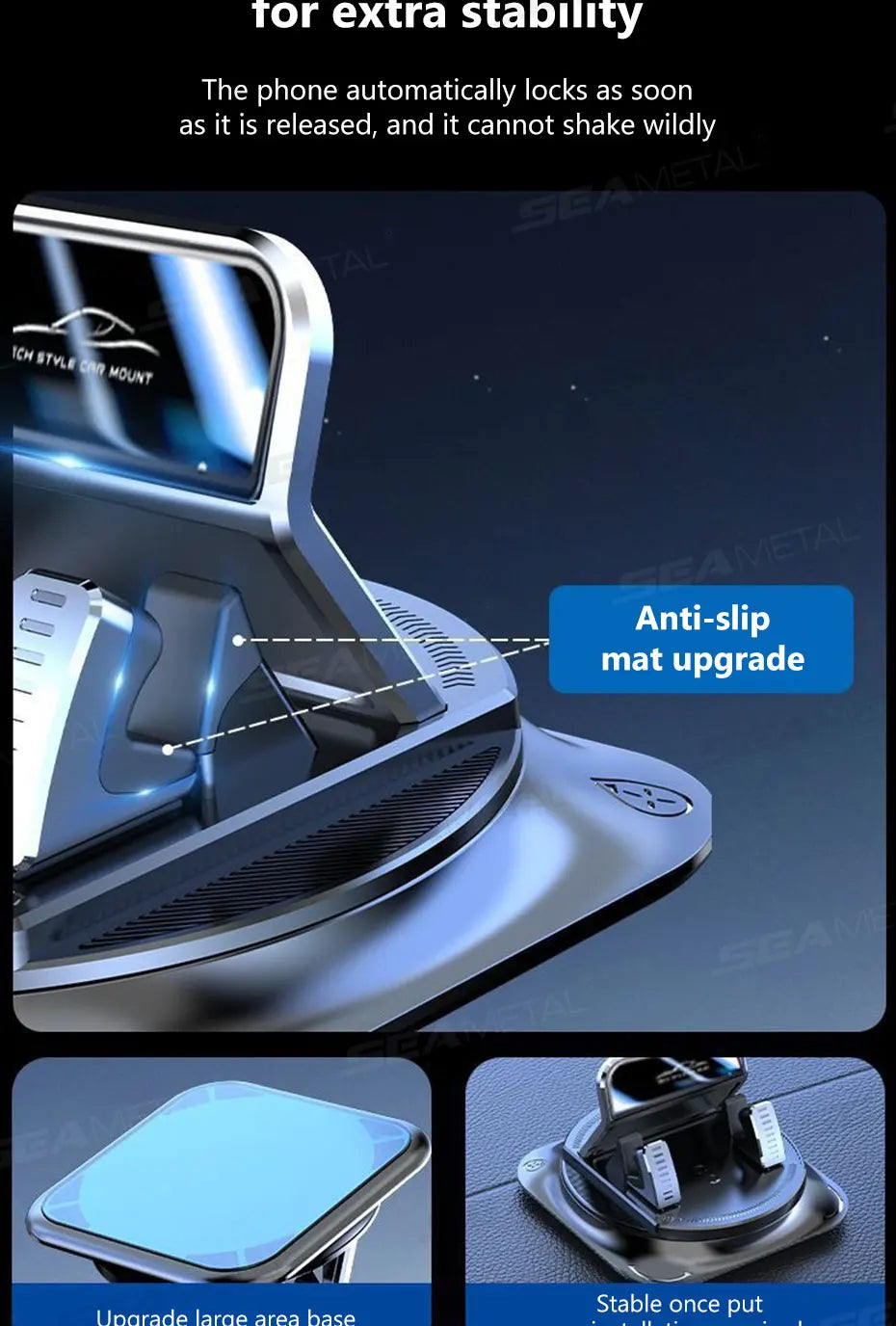 Nahaufnahme eines silbernen Telefonhalters für zusätzliche Stabilität und eine rutschfeste Matten-Upgrade.