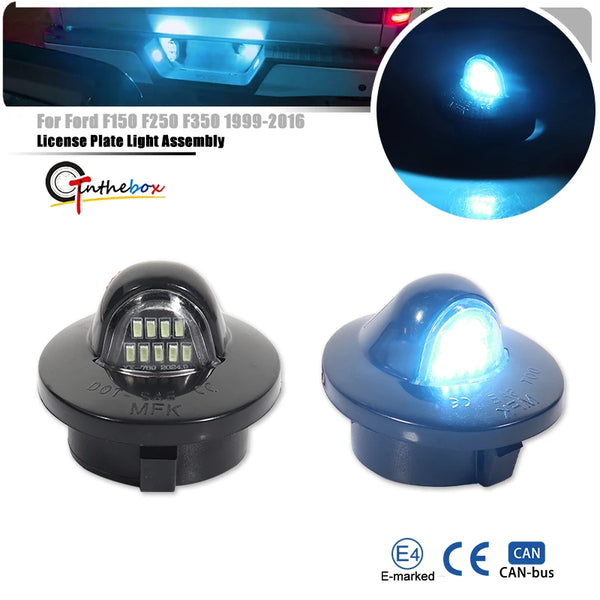 High-intensity LED license plate light assembly for Ford F150, F250, and F350 trucks.