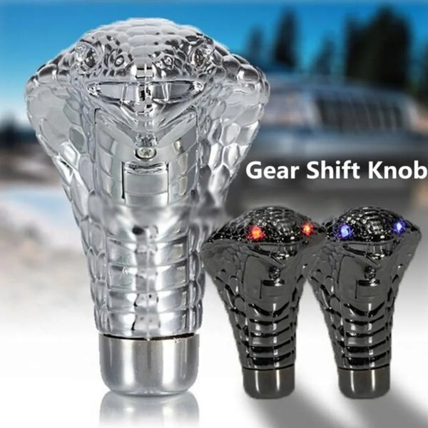 A clear plastic Cobra Snake LED gear shift knob is shown alongside two black versions.
