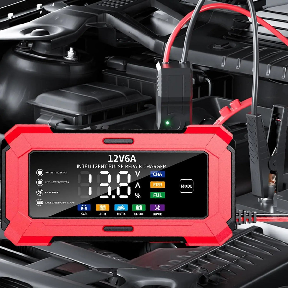 A red intelligent pulse repair charger device displaying battery information in a black automotive context.