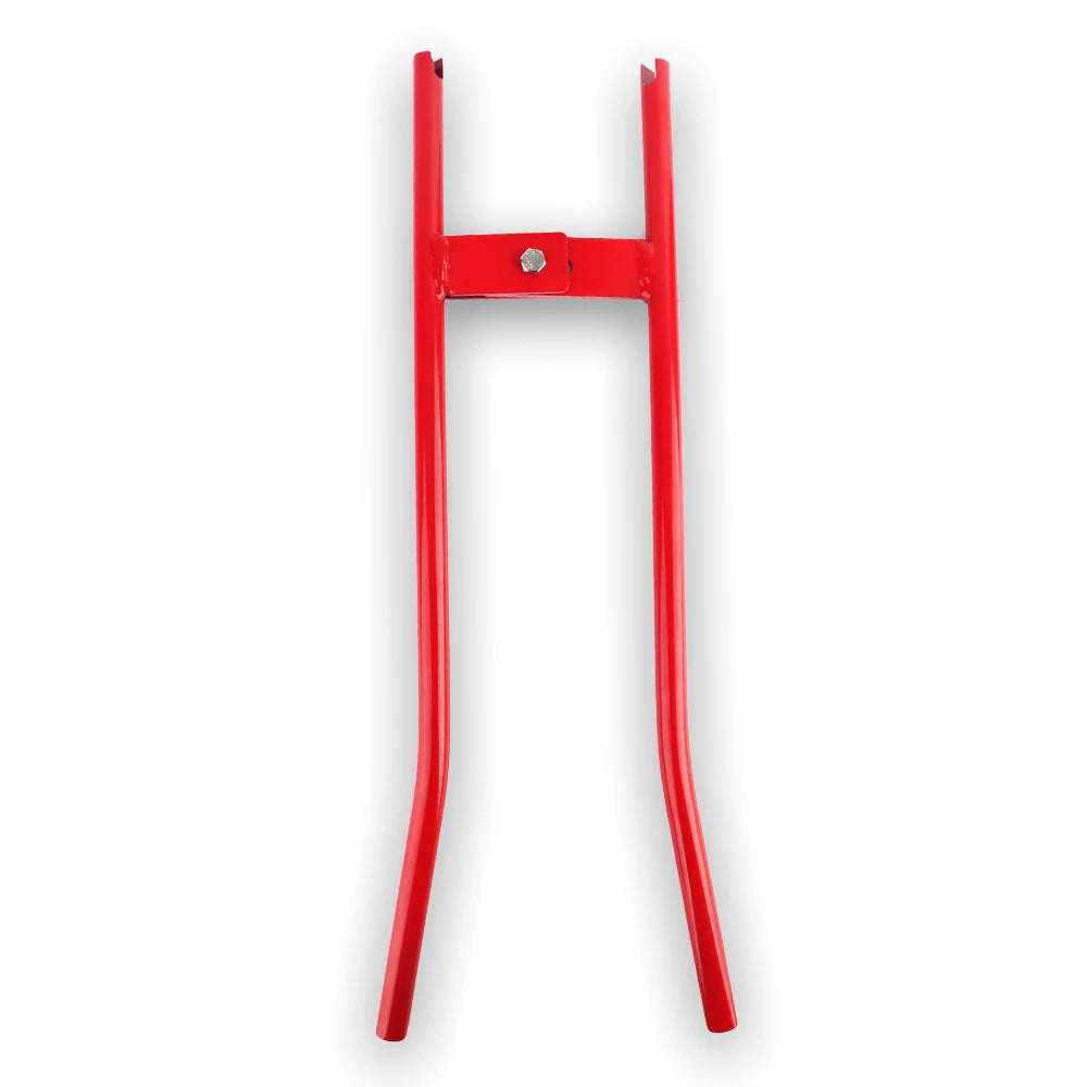 Red heavy duty truck brake spring removal and installation tool with a horizontal bar and two vertical arms