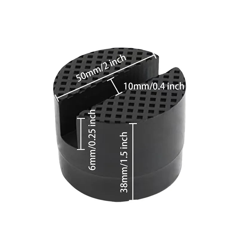 Black rubber jack pad with various sized holes for frame rail protection