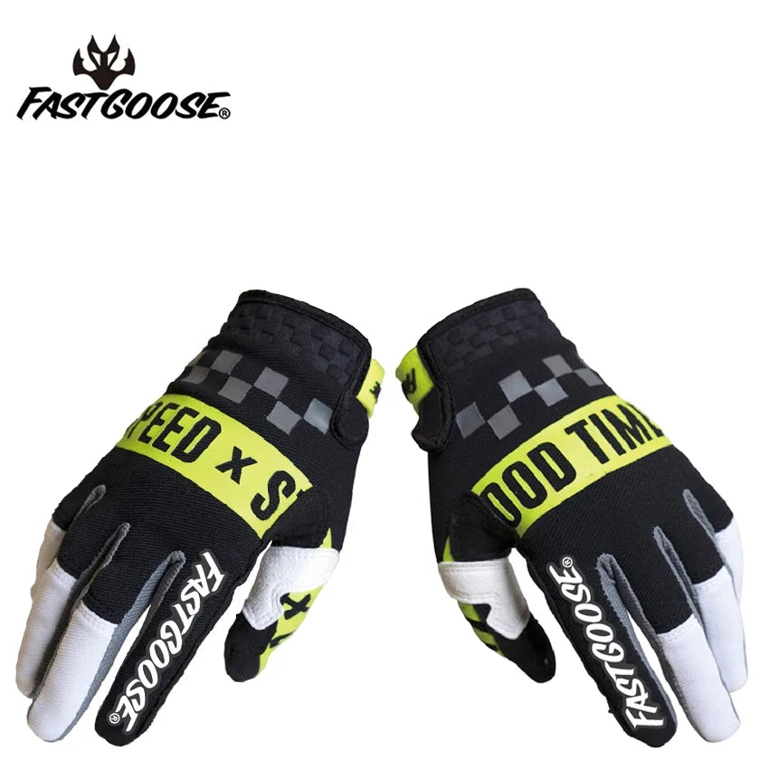 Une paire de gants de moto FastGoose noirs et jaunes, sur fond blanc.