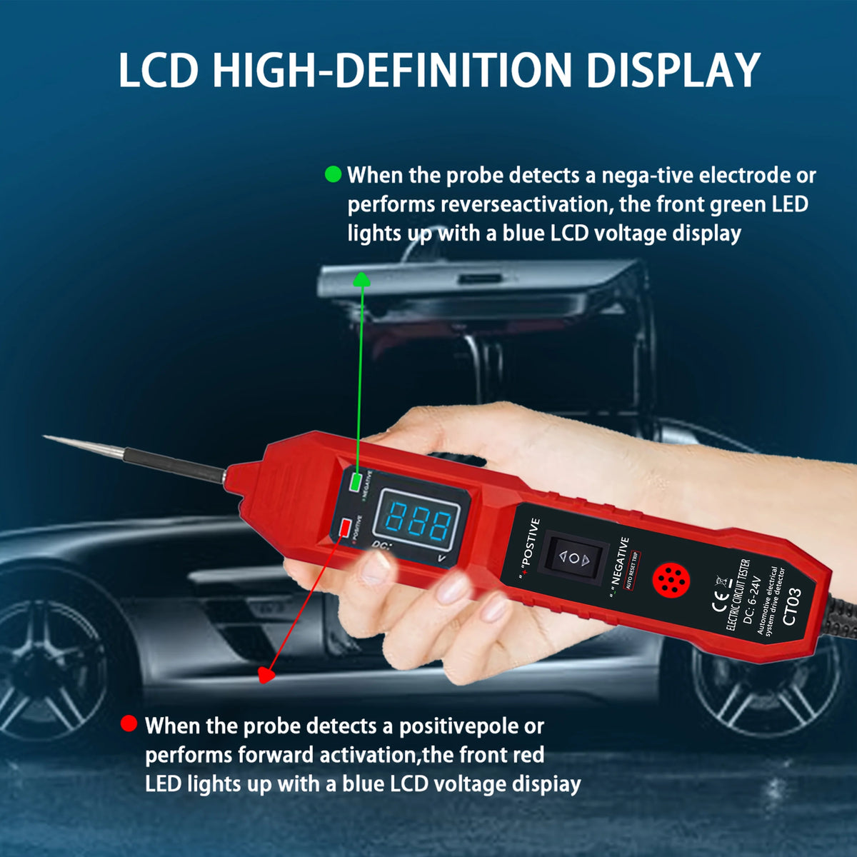 Eine Hand hält einen roten digitalen Auto-Schaltkreis-Tester mit LED-Spannungsanzeige und demonstriert negative und positive 
