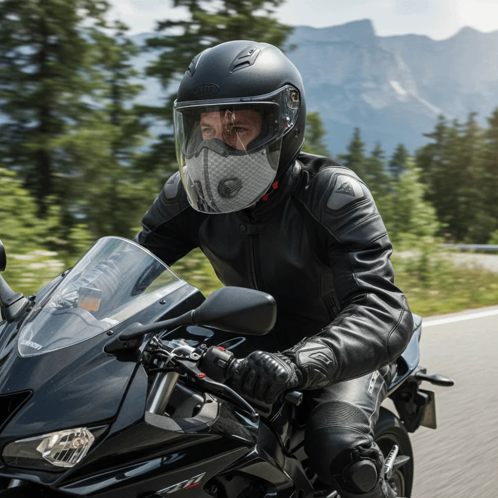 A man wearing a black leather jacket and helmet rides a motorcycle on a road with mountains in the background.