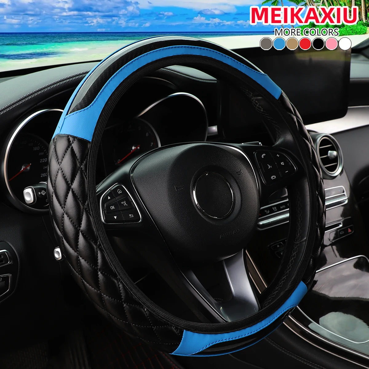 Black leather steering wheel cover with blue accents installed in a car interior.