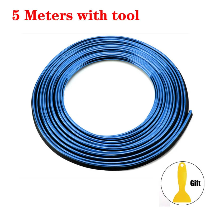 A coil of 5 meters of blue universal car moulding trim strips with a tool.
