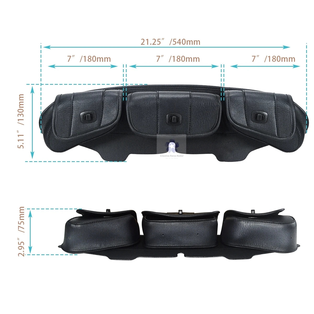 Black motorcycle windshield fairing storage bag with multiple compartments and dimensions shown.