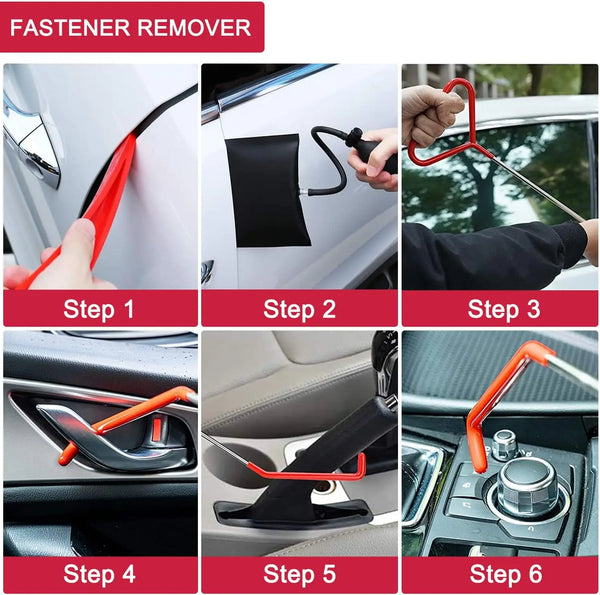 Six steps showing how to use a fastener remover kit for car door repair and lock components