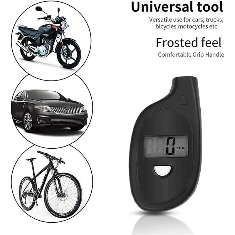 A black digital tire pressure gauge tool with a frosted feel and comfortable grip handle shown next to various vehicles.