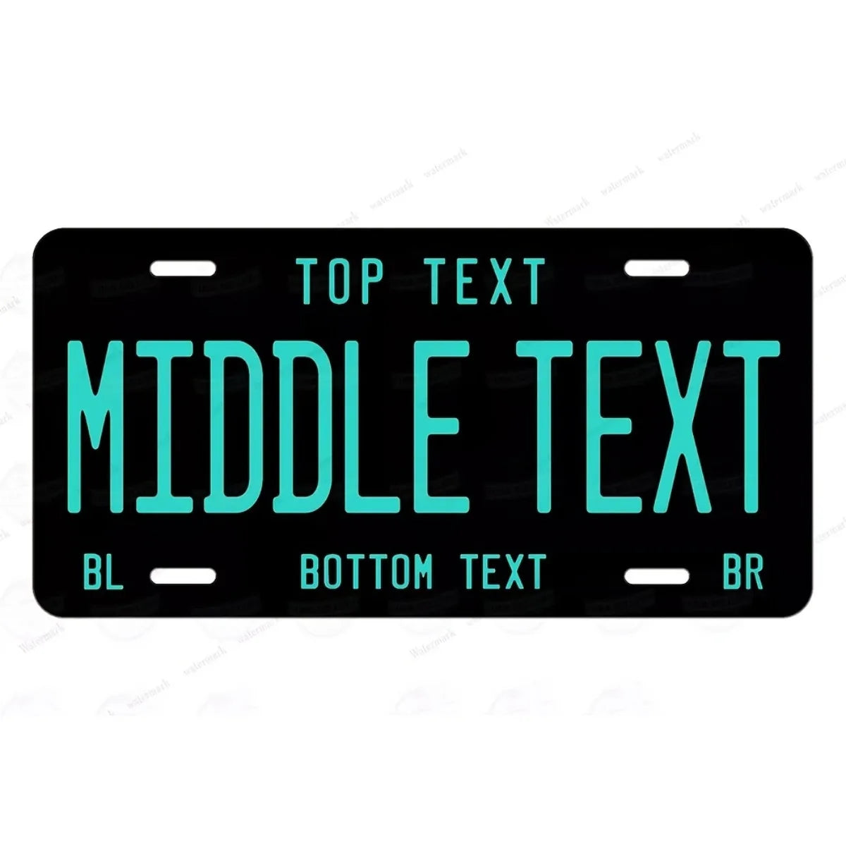 Modèle de plaque d'immatriculation rectangulaire noire avec emplacements de texte supérieurs, moyens et inférieurs.