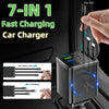 A black 7-in-1 fast charging car charger device is shown being plugged into a vehicle's port.