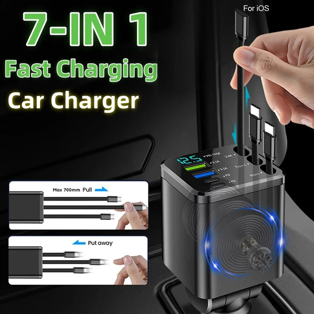 A black 7-in-1 fast charging car charger device is shown being plugged into a vehicle's port.