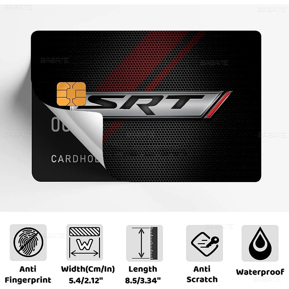 Black card sticker film featuring the SRT logo and text on a textured background