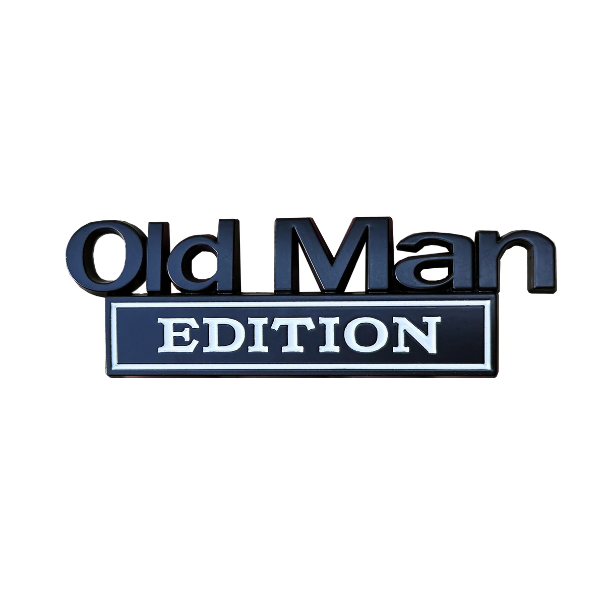 A dark blue and silver 3D chrome emblem featuring the text Old Man EDITION.