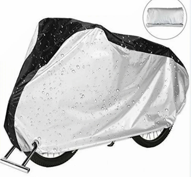 A white all-weather bicycle cover is shown folded over a bicycle frame, with a close-up inset showing the fabric texture.