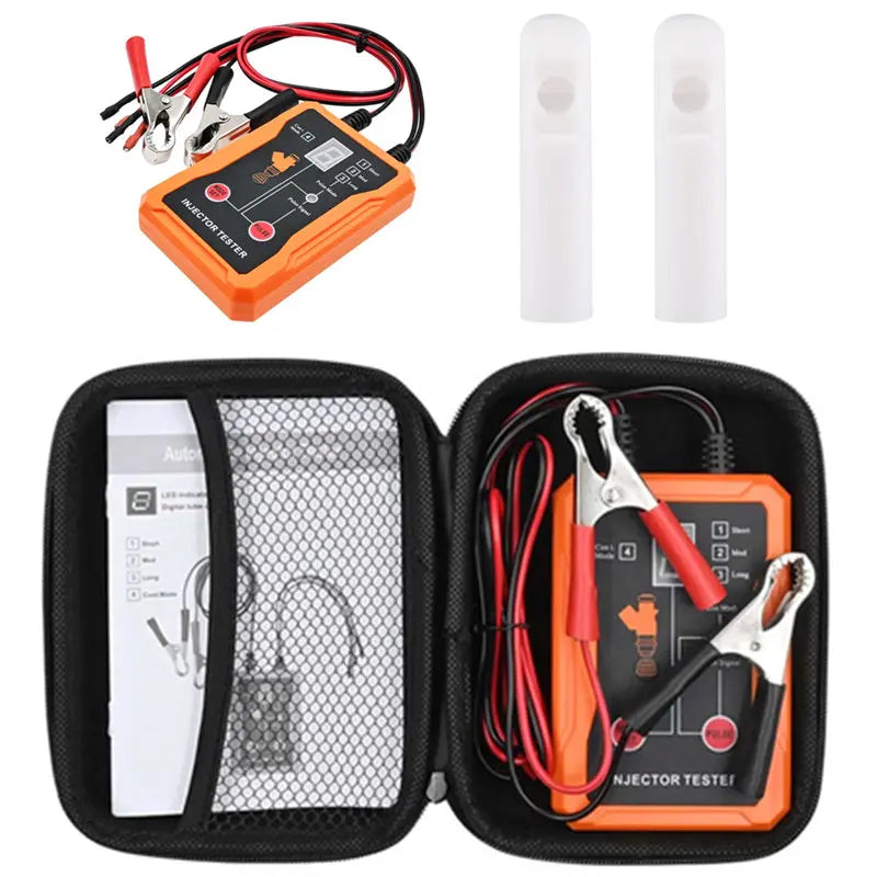 An injector tester tool in orange and black housed in a protective case with various probes and wires.