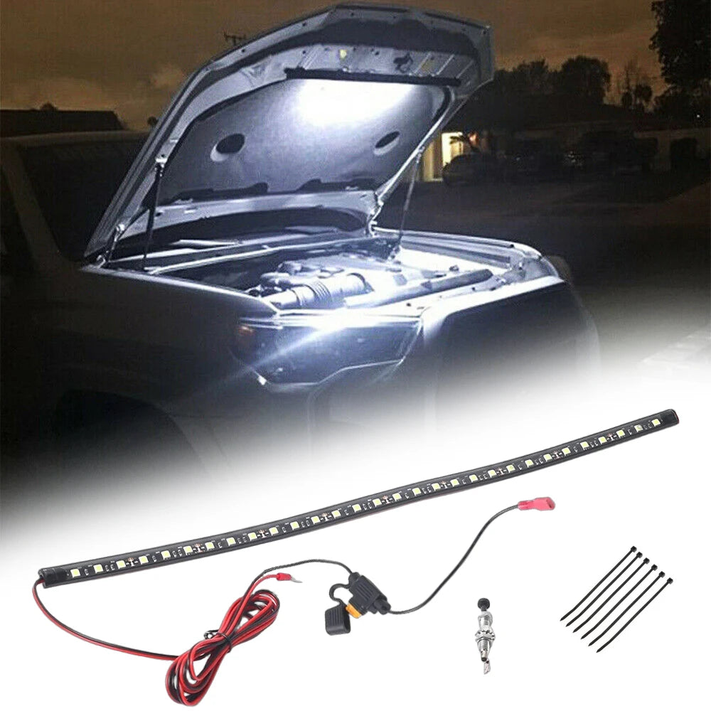 Under hood LED work light with automatic on/off switch shown with wiring and mounting hardware.