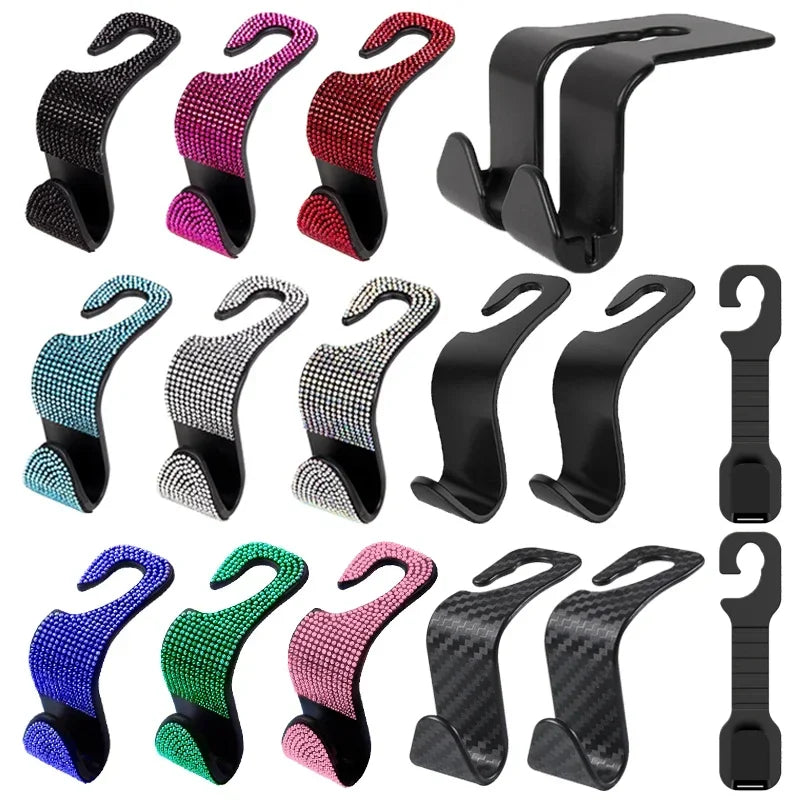 A collection of black and colored universal car seat back headrest storage hooks.