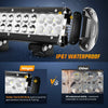 A black high-intensity LED light bar with mounting brackets and a separate battery pack, shown alongside a comparison to nonw