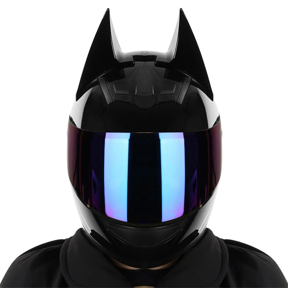 Black full face motorcycle helmet with a reflective blue visor