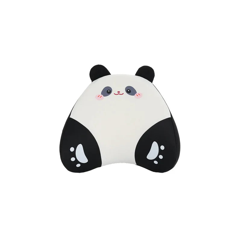 A cartoon panda car seat cushion set with black and white fur and pink accents.