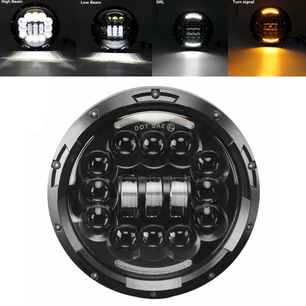 A close-up view of a 7 inch motorcycle LED headlight assembly with multiple projector lenses.