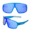 A pair of bright blue polarized sports goggles shown from the front.
