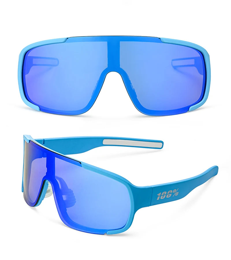 A pair of bright blue polarized sports goggles shown from the front.