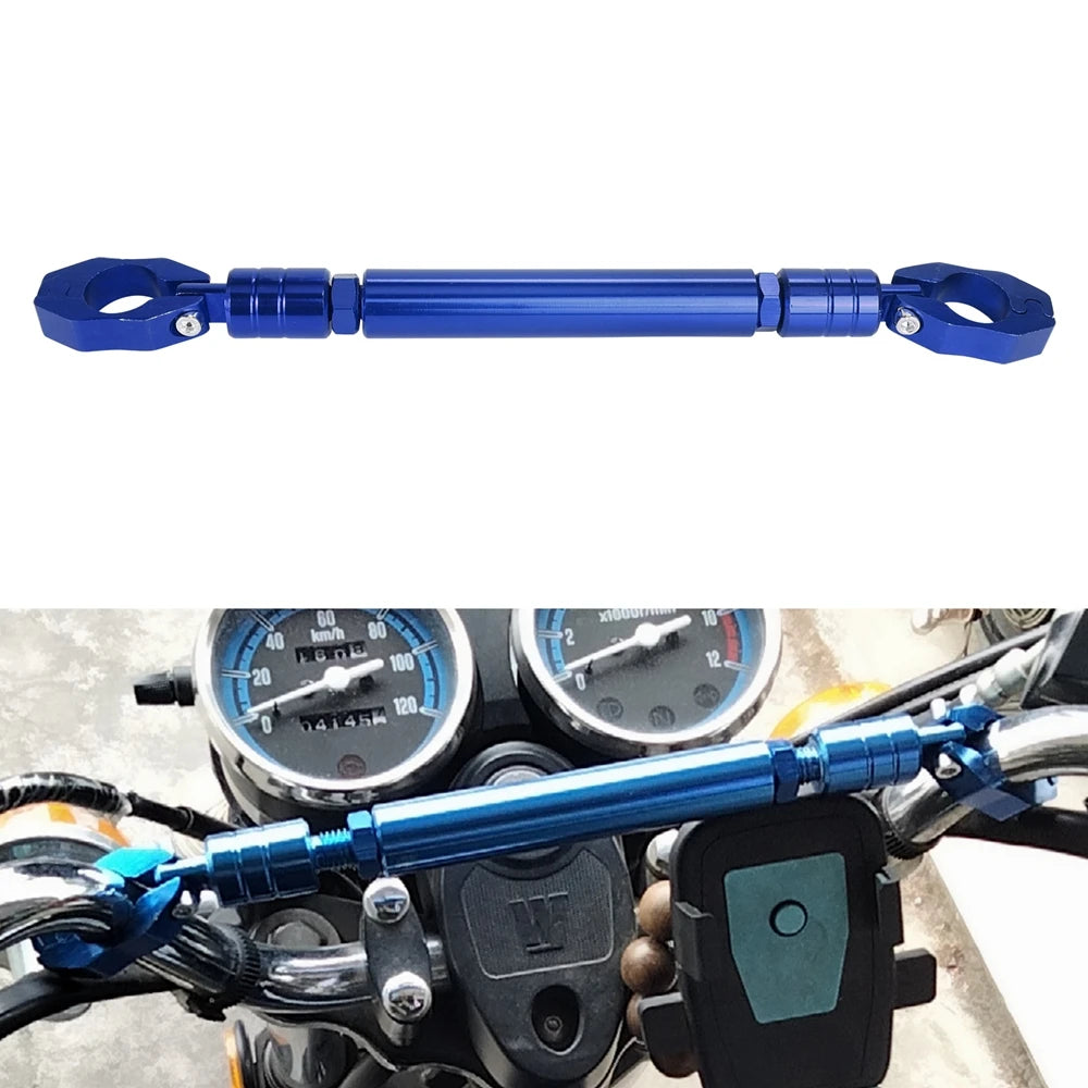 A blue adjustable motorcycle handlebar grip crossbar with metal ends mounted on a motorcycle.