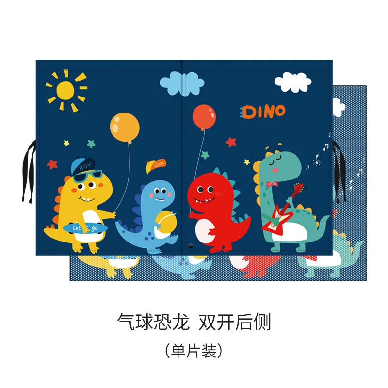 A set of magnetic car window shades featuring dinosaur characters and a built-in mosquito net.