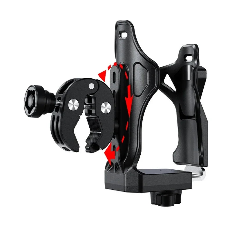 Detailansicht eines schwarzen adaptiven Motorradgetränkehalters mit Klemmmechanismus.