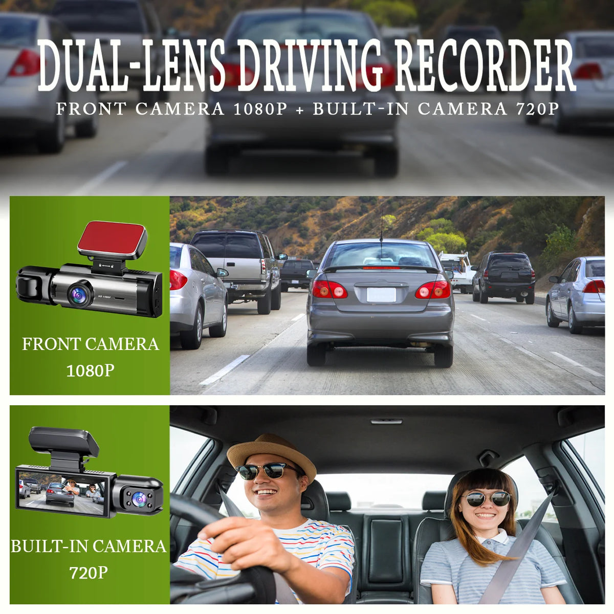 A dual-lens driving recorder showing a front camera and a built-in camera installed in a car.