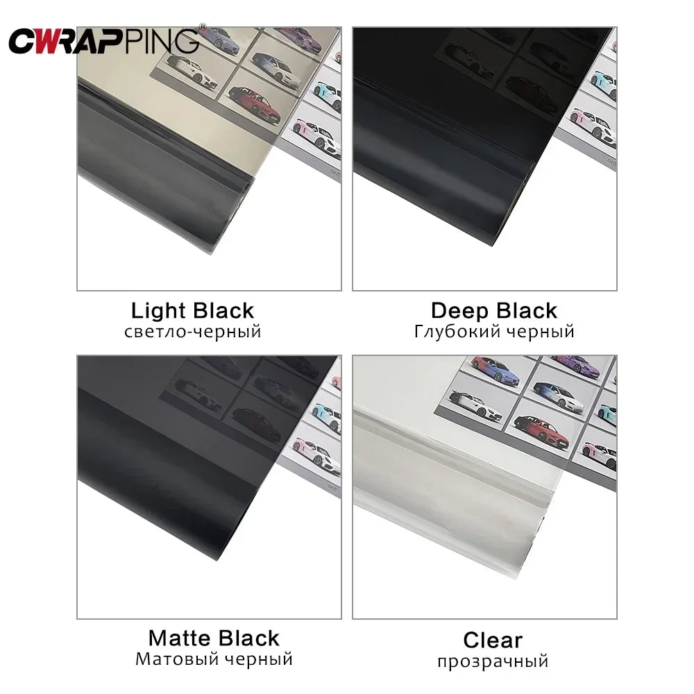 Four options of car light tint film in Light Black, Deep Black, Matte Black, and Clear.