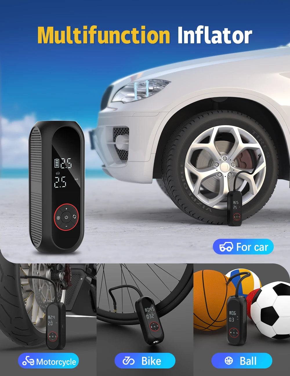 A multifunction inflator device is shown next to a car tire, bicycle wheel, and a soccer ball, demonstrating its use for vari