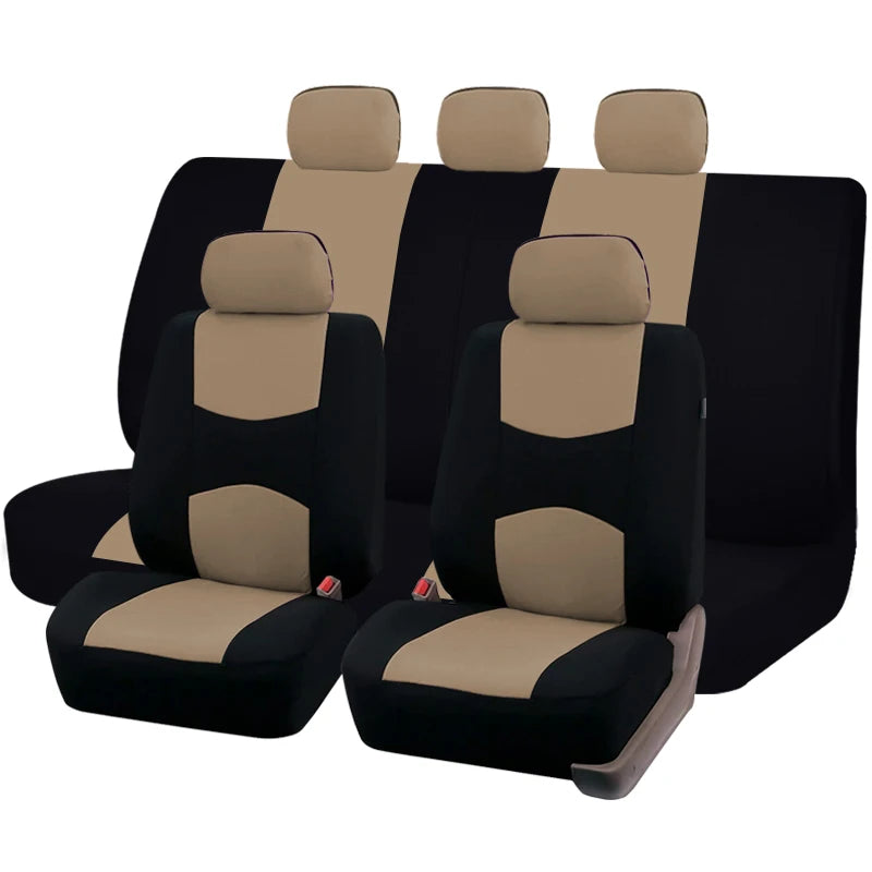 A set of black and beige universal fabric car seat covers, showing five individual seats.