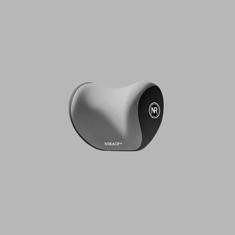 A gray ergonomic memory foam pillow designed for car neck and lumbar support.