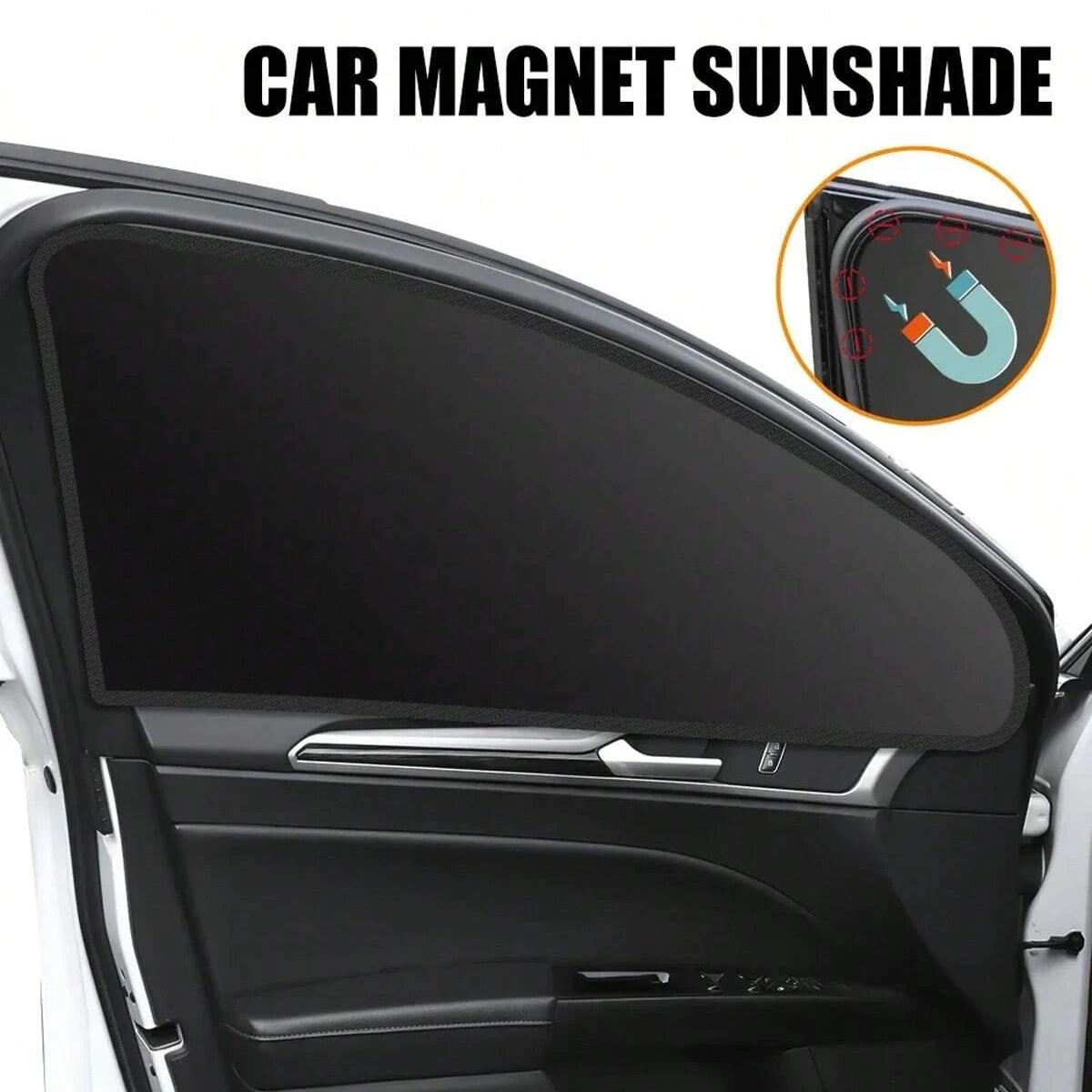 A black magnetic car sunshade is shown installed on the interior window of a vehicle.