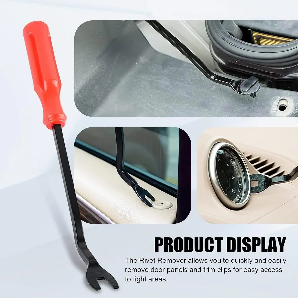 A red rivet remover tool is shown with close-ups of its use on car door panels and trim clips.