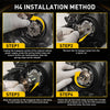 Step-by-step guide showing the installation method for an H4 halogen lamp in a motorcycle headlight.